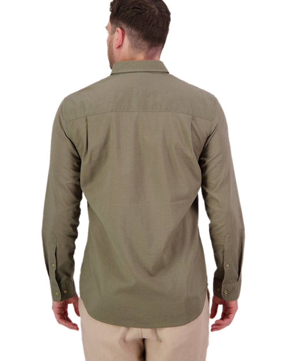 Olive Coloured Swanndri Mens Ward Long Sleeve Shirt on white background