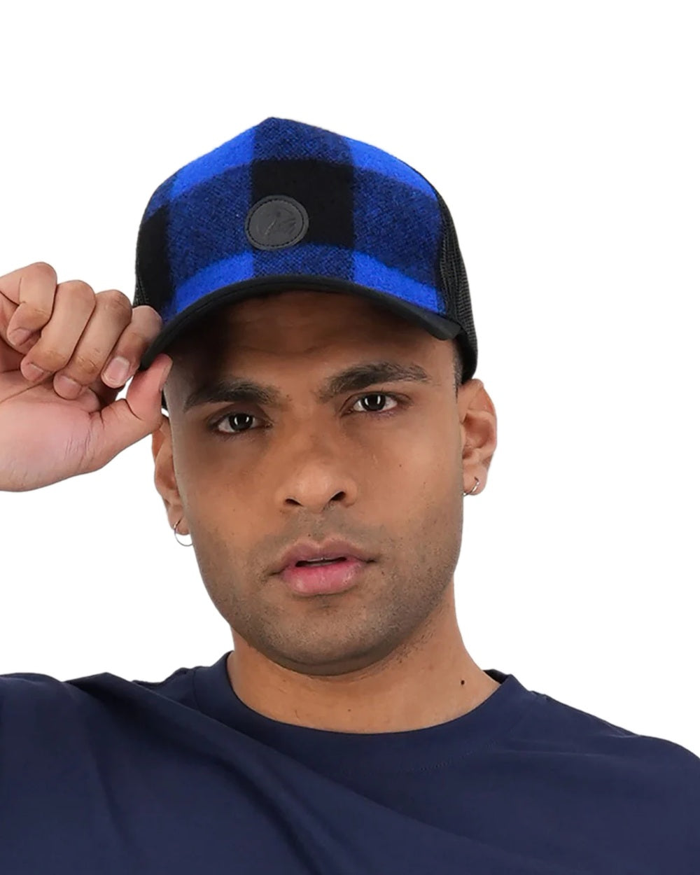 Blue Black Check Coloured Swanndri Swanni Trucker Cap on white background