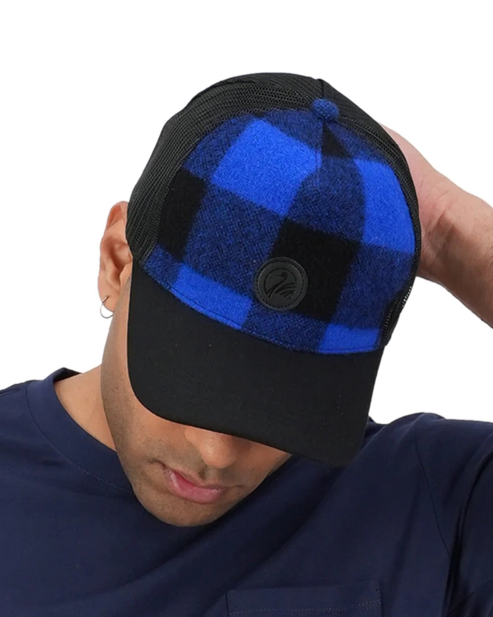 Blue Black Check Coloured Swanndri Swanni Trucker Cap on white background