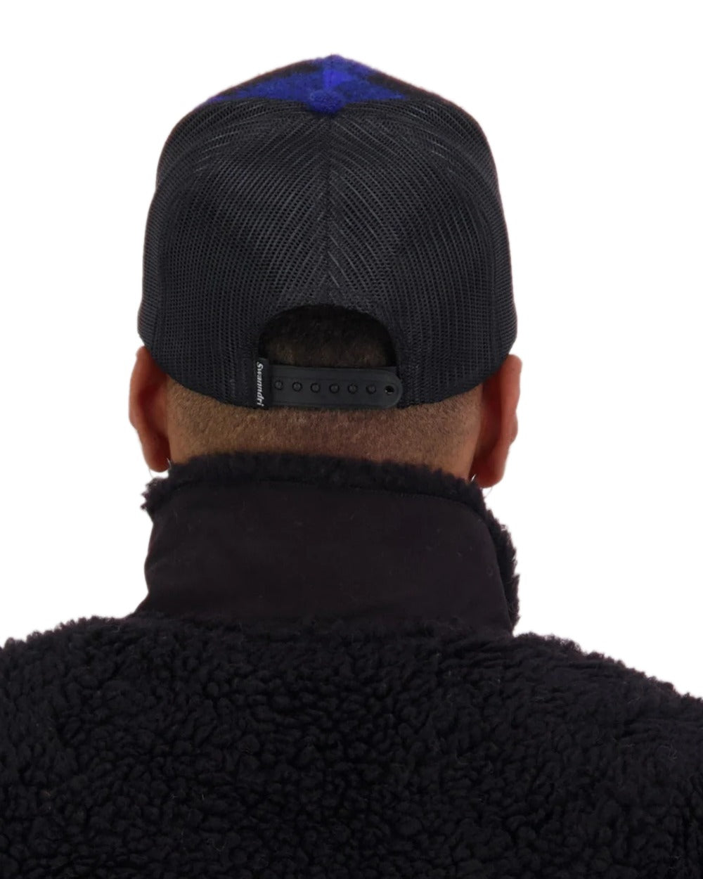 Blue Black Check Coloured Swanndri Swanni Trucker Cap on white background