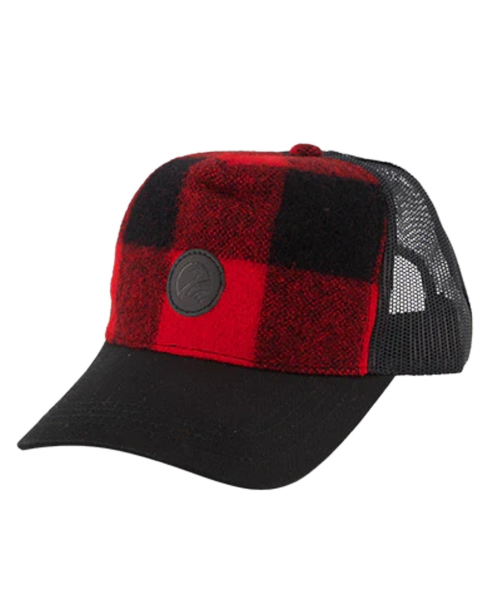Red Black Check Coloured Swanndri Swanni Trucker Cap on white background