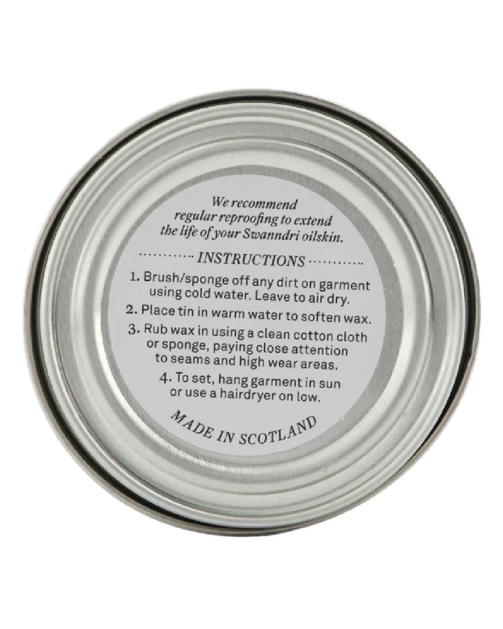 Neutral Coloured Swanndri Wax Tin for Re-proofing Oilskin Vests and Jackets on white background