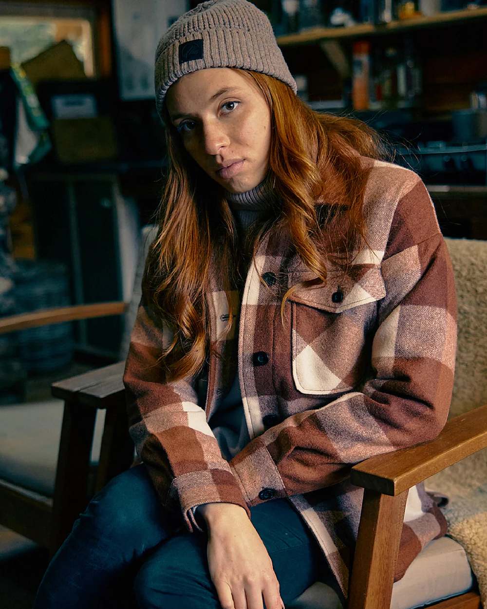 Chelsea Check Coloured Swanndri Womens Anchorage V2 Wool Shirt Jacket on indoor background