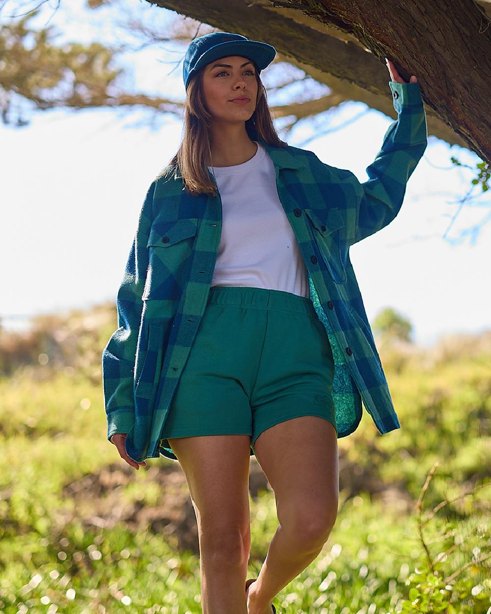 Coastal Check Coloured Swanndri Womens Harbourage Lite Wool Shacket on forest background