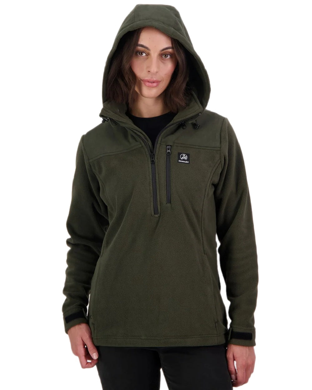 Olive Coloured Swanndri Womens High Rock Fleece Hoodie on white background