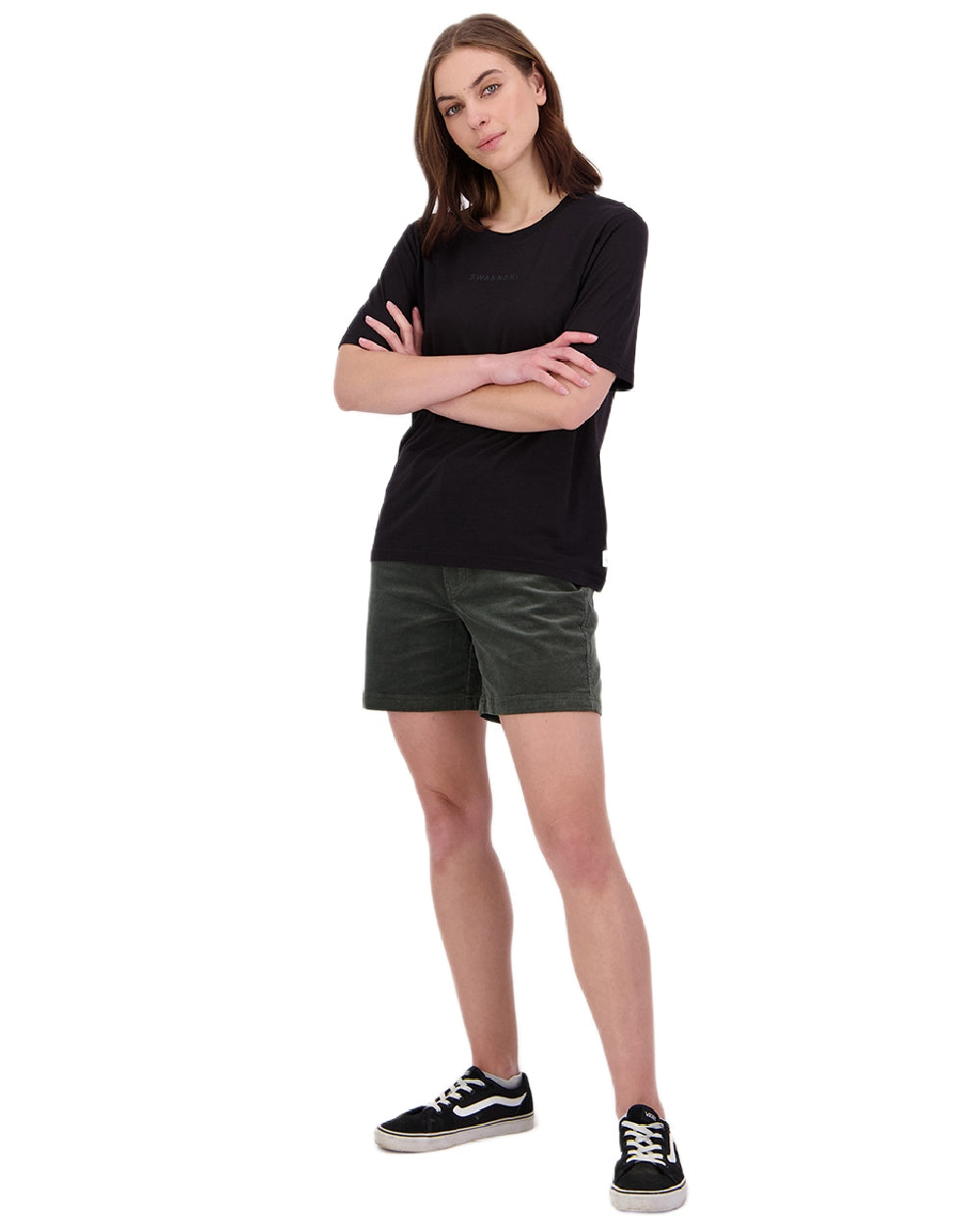 Black Coloured Swanndri Womens Merino Fusion T-Shirt on white background