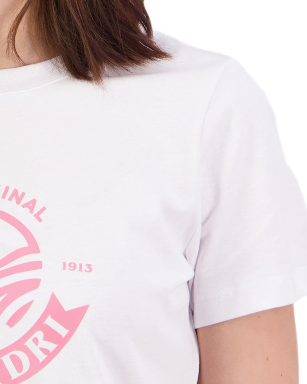 White Raspberry Coloured Swanndri Womens Original V3 T-Shirt on white background