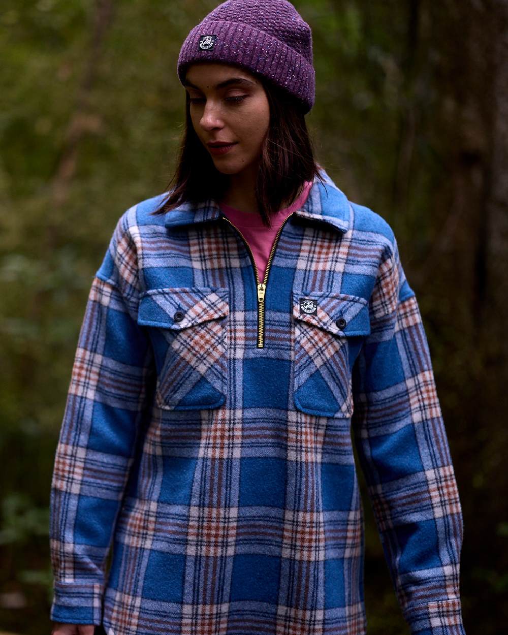 Eastcoast Check Coloured Swanndri Womens Ranger Wool Bush Shirt on outdoor background