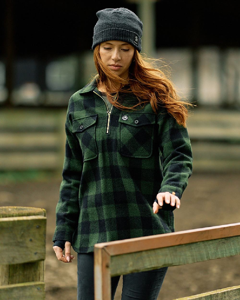 Olive Black Check Coloured Swanndri Womens Ranger Wool Bush Shirt on outdoor background