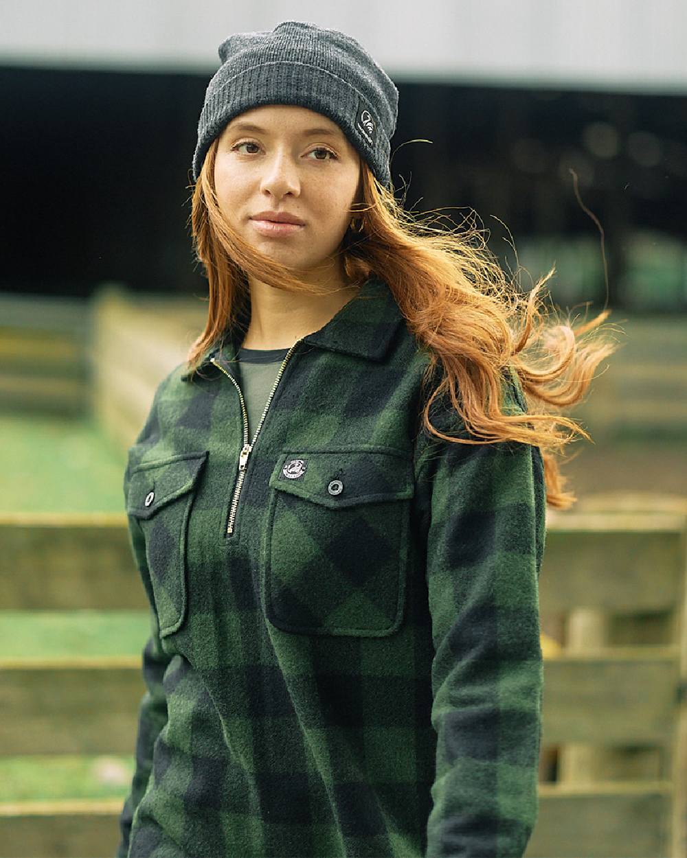 Olive Black Check Coloured Swanndri Womens Ranger Wool Bush Shirt on outdoor background