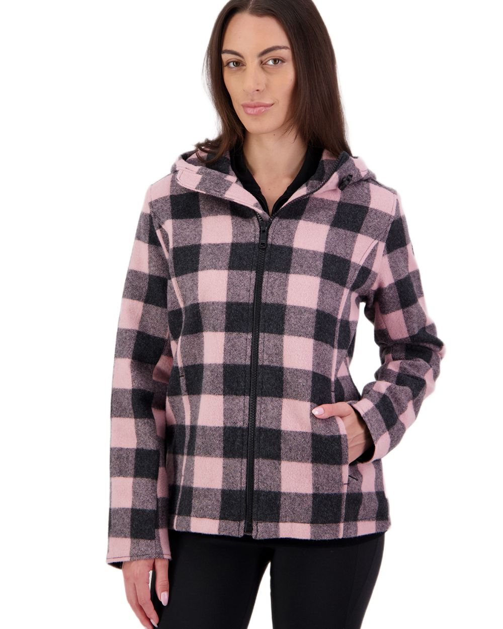 Pink Salt Charcoal Coloured Swanndri Womens Seattle V2 Wool Hooded Sweater on white background