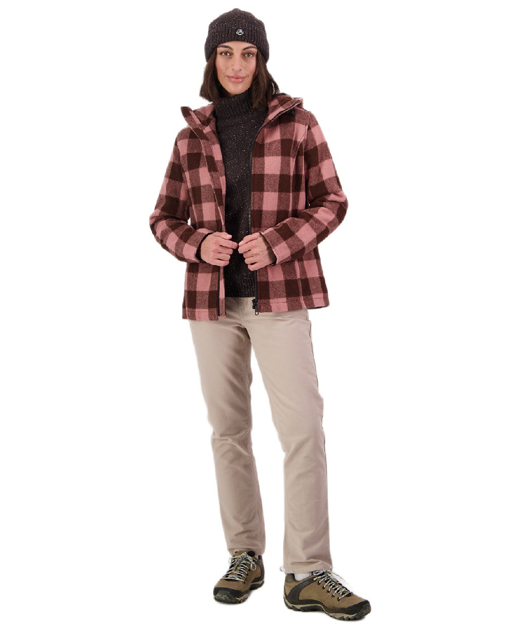 Rose Coffee Check Coloured Swanndri Womens Seattle V2 Wool Hooded Sweater on white background