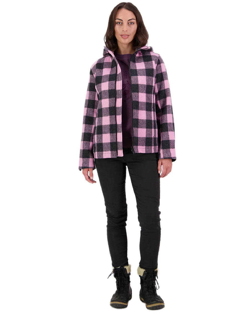 Shadow Blossom Check Coloured Swanndri Womens Seattle V2 Wool Hooded Sweater on white background