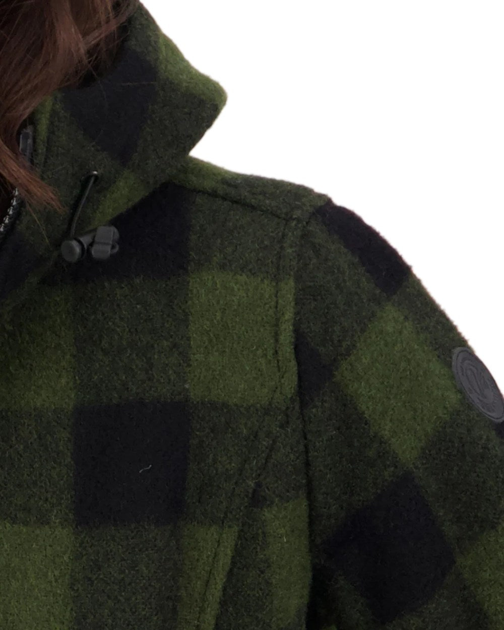 Olive Black Check Coloured Swanndri Womens Seattle V2 Wool Hoodie on white background