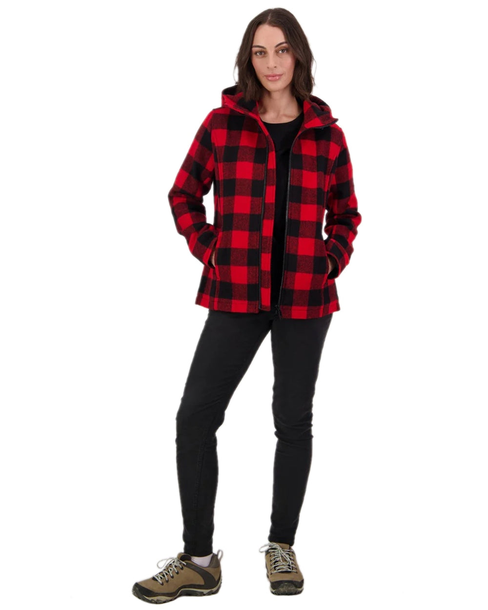 Red Black Check Coloured Swanndri Womens Seattle V2 Wool Hoodie on white background