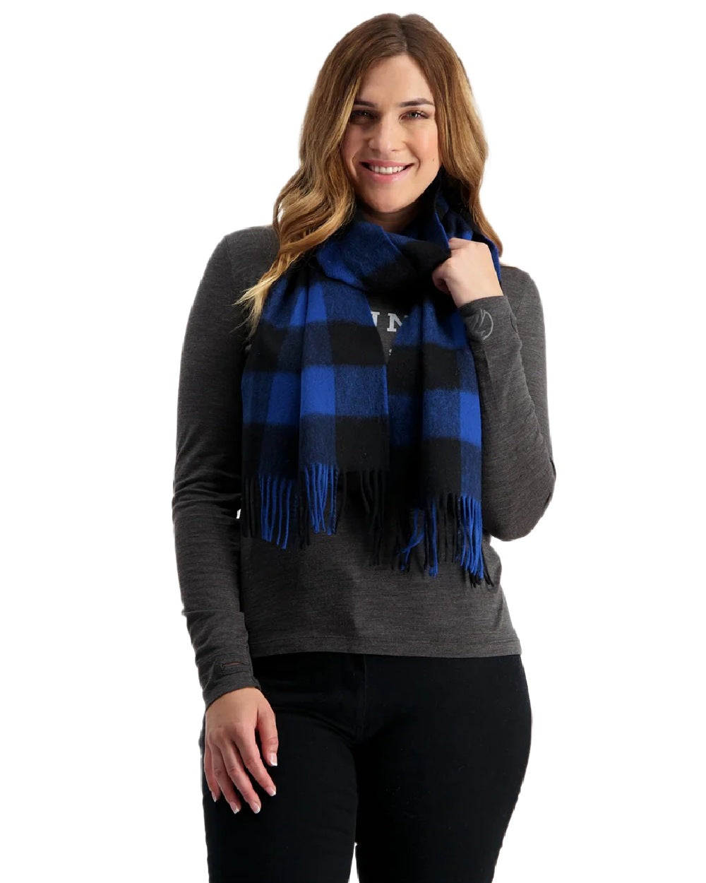 Blue Black Check Coloured Swanndri Wool Scarfie on white background