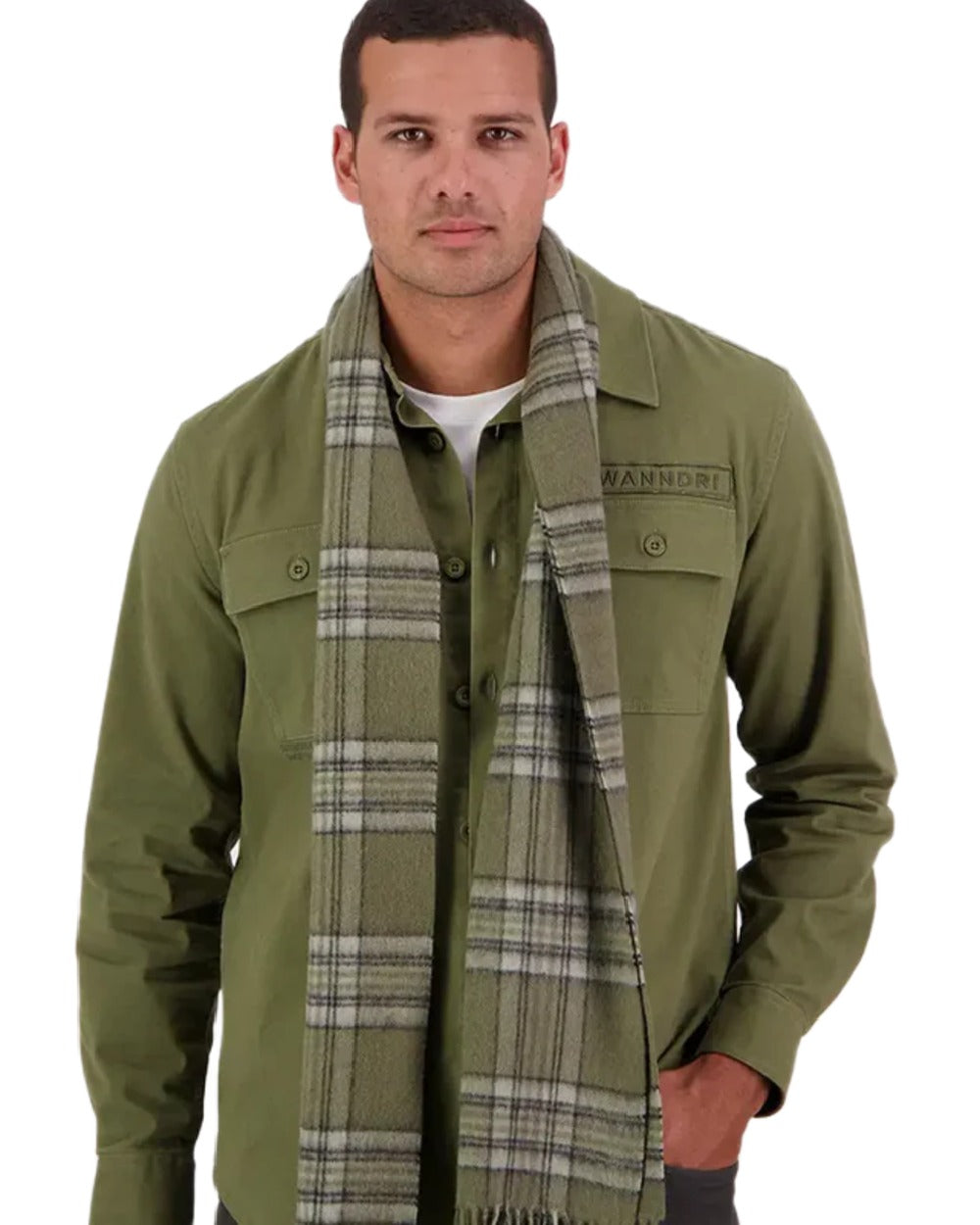 Lt Woodlands Check Coloured Swanndri Wool Scarfie on white background