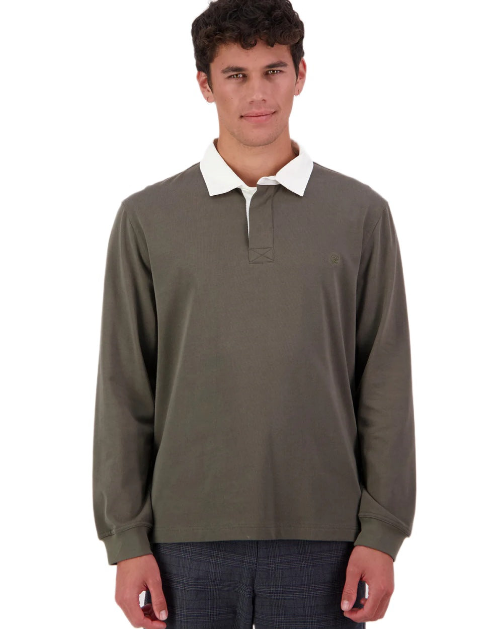 Dark Olive coloured Swanndri Mens Fundamentals Long Sleeve Rugby Top on white background