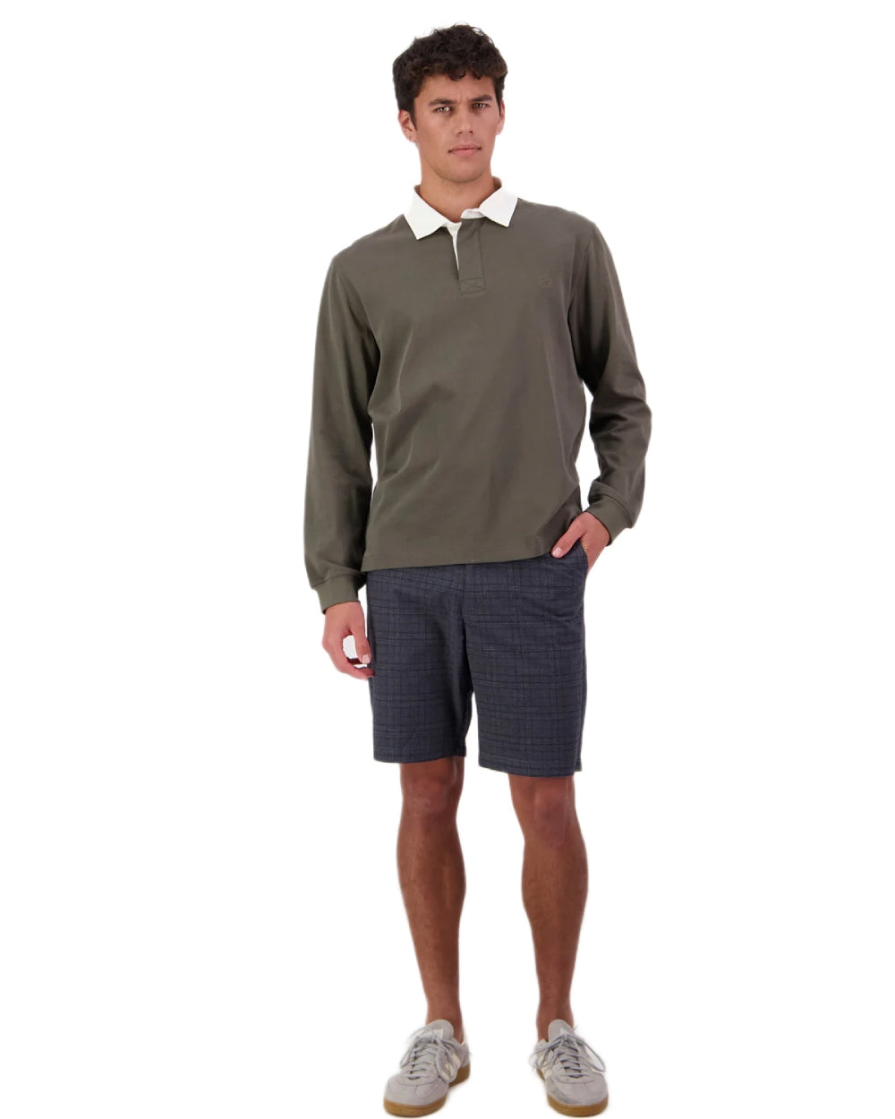 Dark Olive coloured Swanndri Mens Fundamentals Long Sleeve Rugby Top on white background