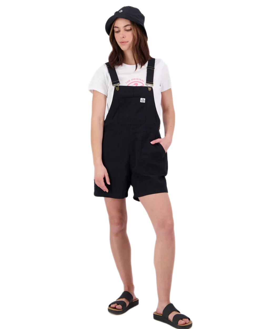 Black coloured Swanndri Womens Brooklyn V2 Short Dungarees on white background