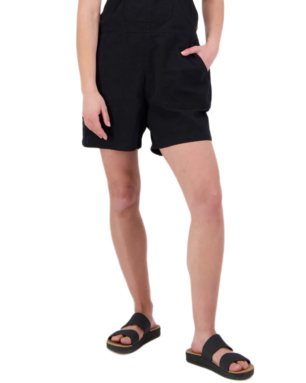 Black coloured Swanndri Womens Brooklyn V2 Short Dungarees on white background