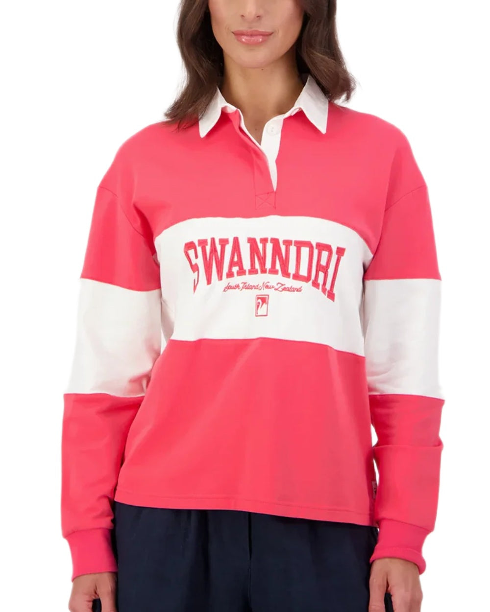 Watermelon White coloured Swanndri Womens Cameron Long Sleeve Rugby Top on white background