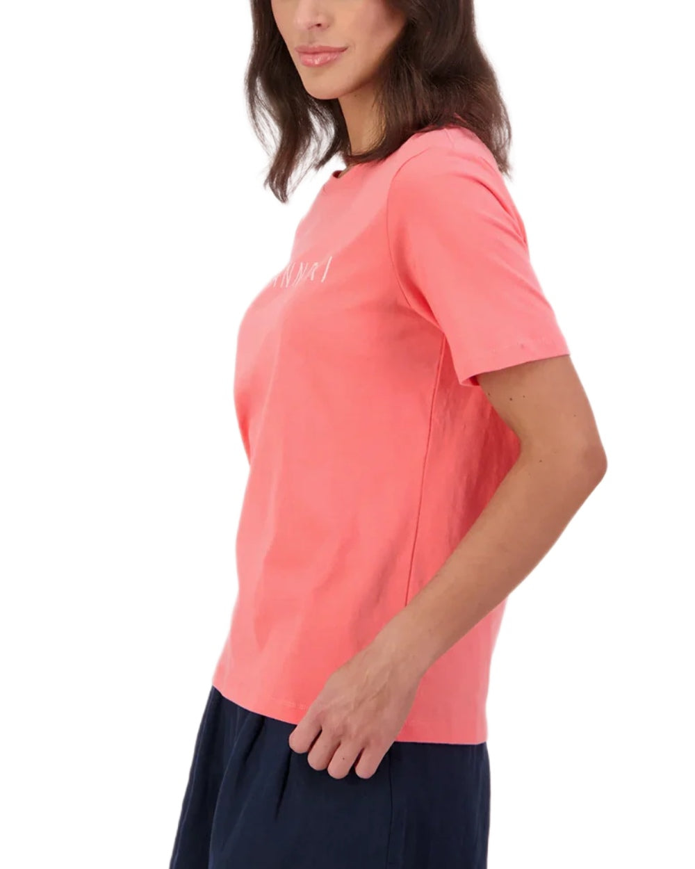 Watermelon Marshmallow coloured Swanndri Womens Script V2 T-Shirt on white background