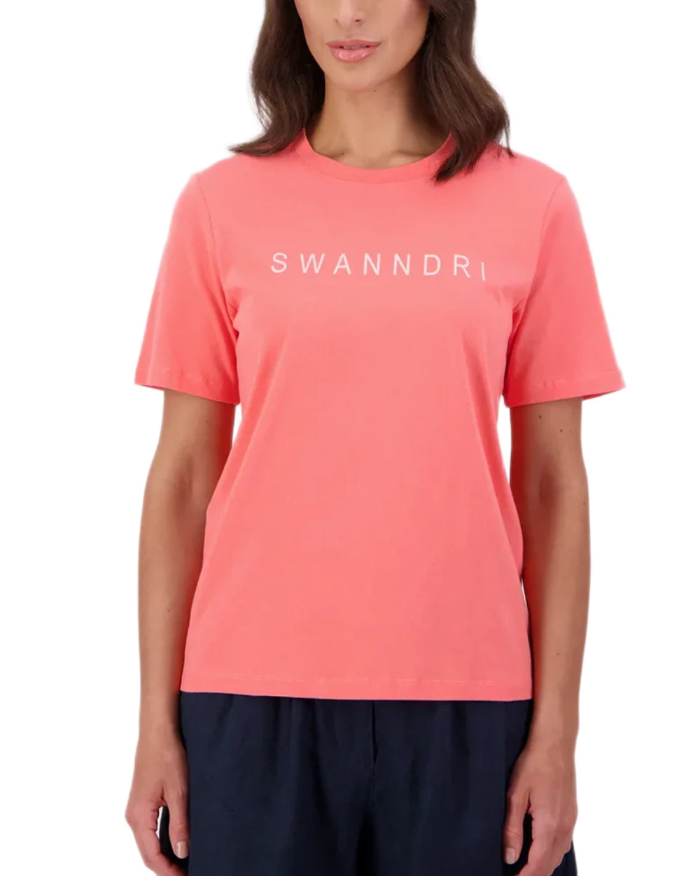 Watermelon Marshmallow coloured Swanndri Womens Script V2 T-Shirt on white background