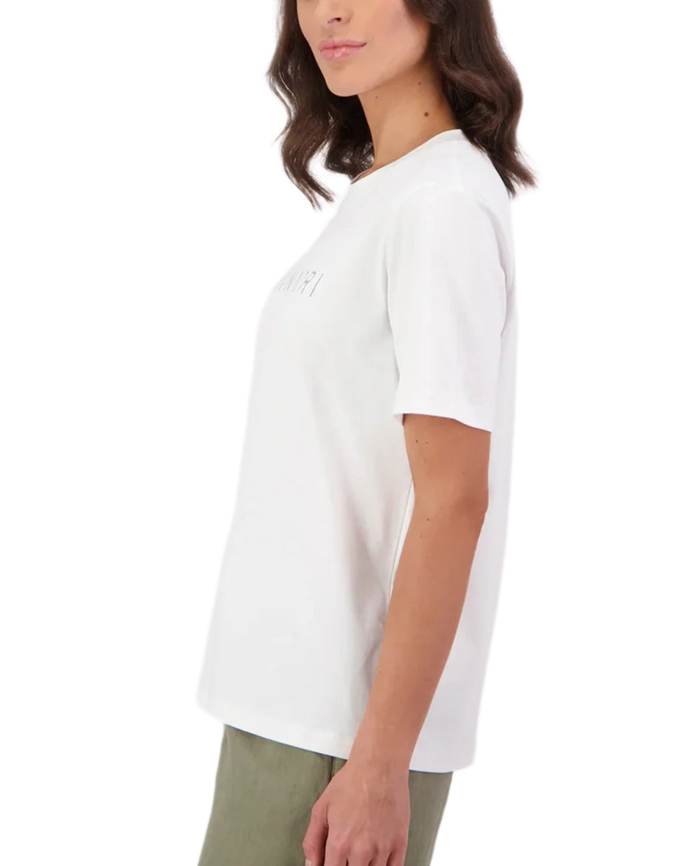 White Platinum coloured Swanndri Womens Script V2 T-Shirt on white background
