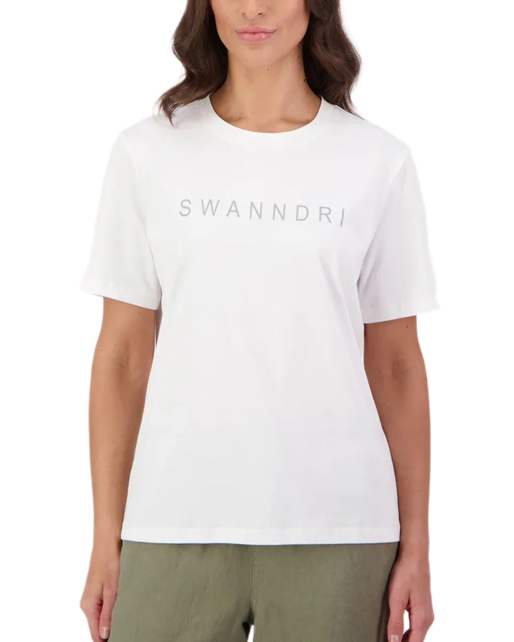 White Platinum coloured Swanndri Womens Script V2 T-Shirt on white background