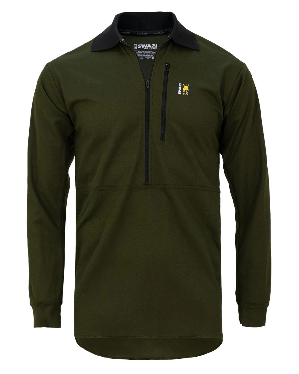 Olive coloured Swazi Mens Climb Max Long Sleeve Polo Shirt on white background
