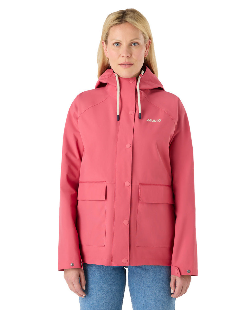 Sweet Raspberry Coloured Musto Womens Classic Shore Waterproof Jacket On A White Background
