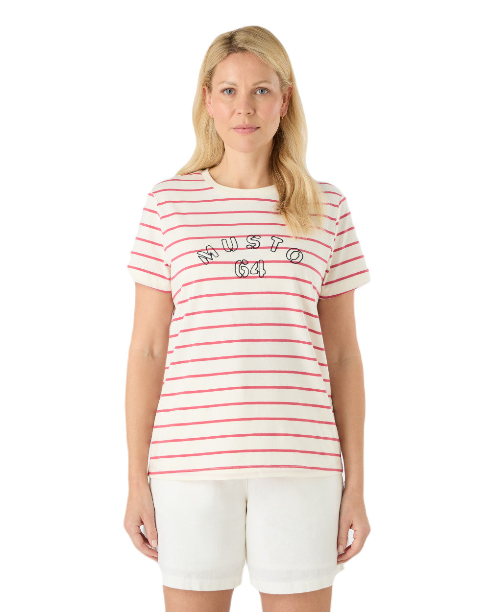 Sweet Raspberry/ASW Coloured Musto Womens Classic Striped Short Sleeve T-Shirt On A White Background 