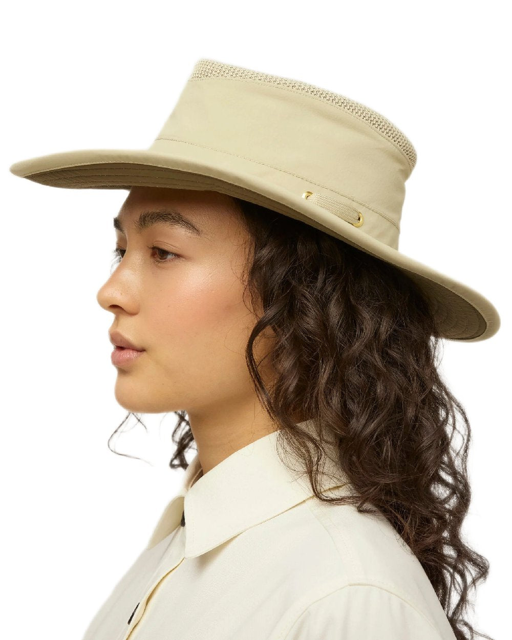 Khaki Olive Coloured Tilley Airflo Broad Brim Sun Hat on white background