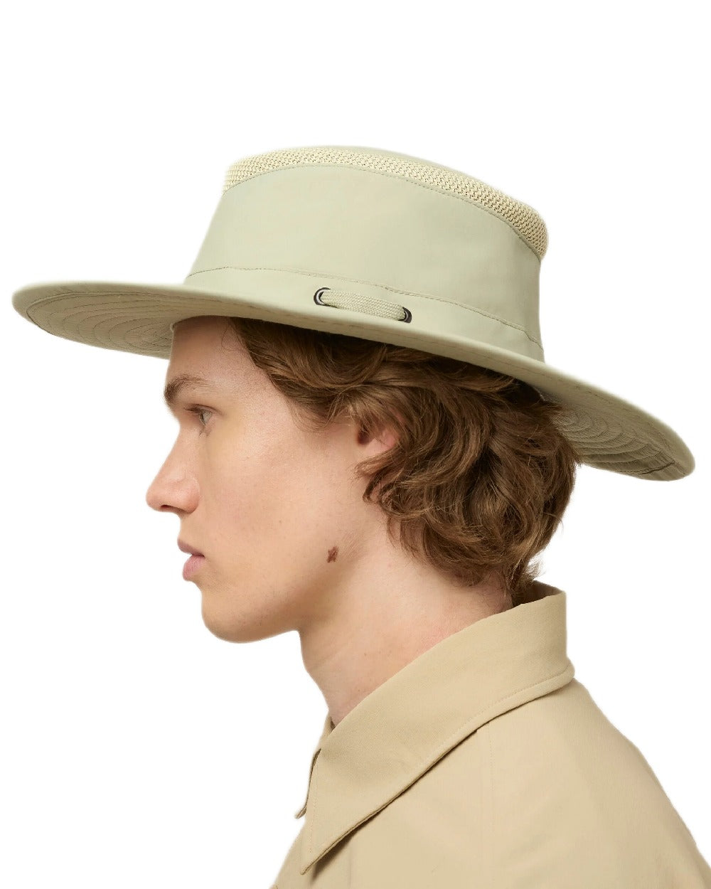 Light Sage Coloured Tilley Airflo Broad Brim Sun Hat on white background