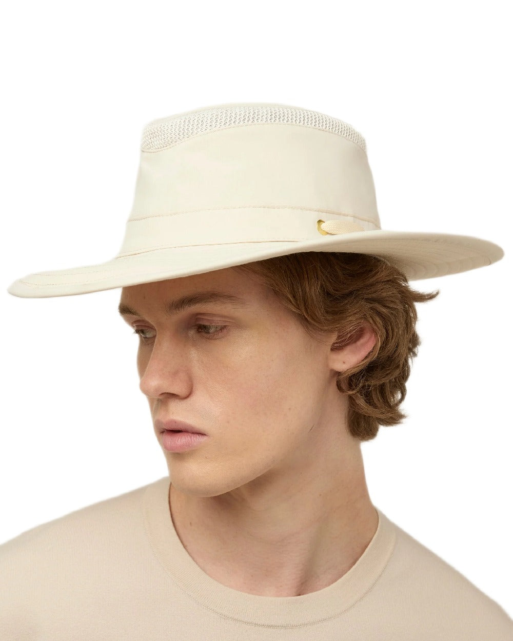 Light Stone Coloured Tilley Airflo Broad Brim Sun Hat on white background