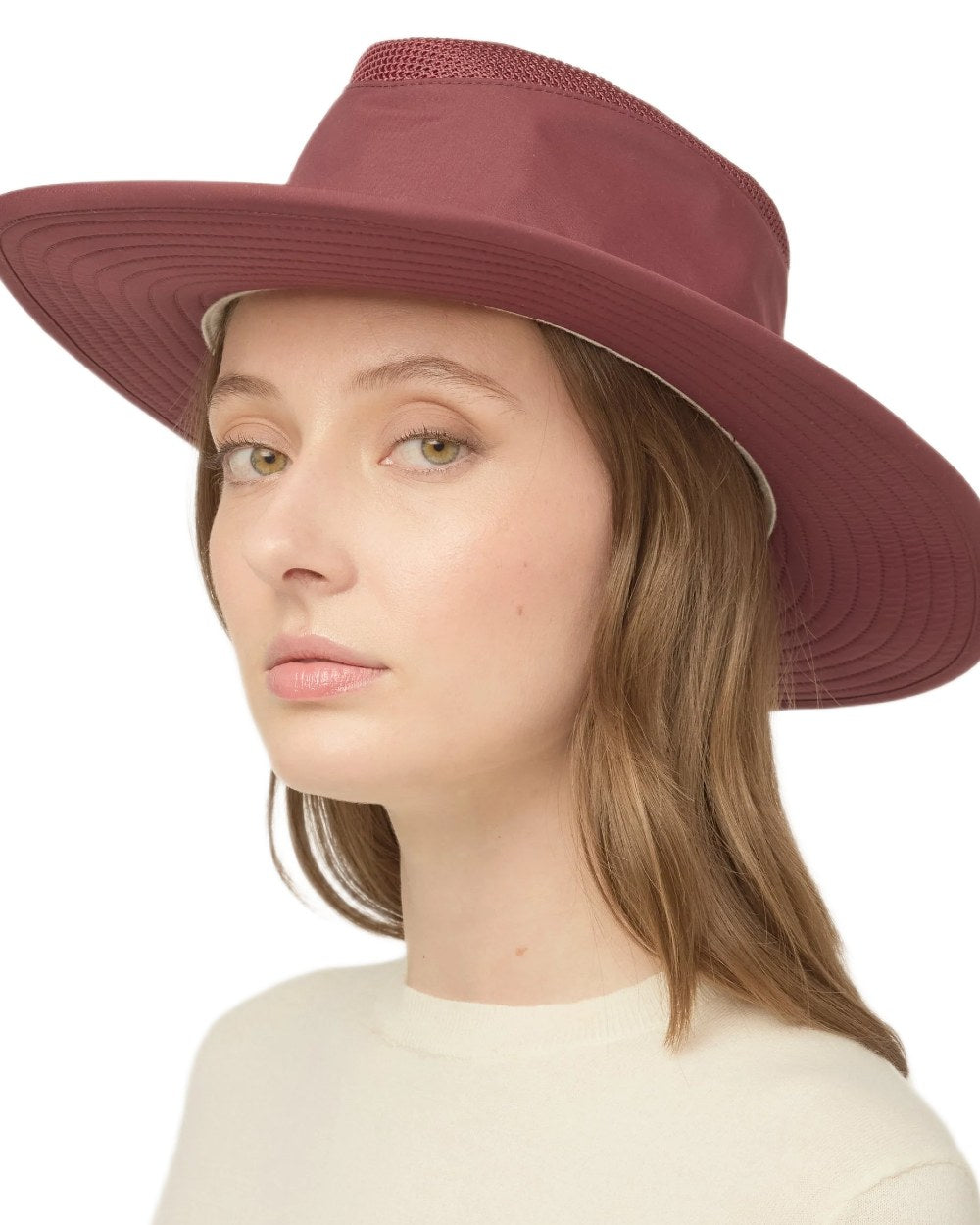 Mulberry coloured Tilley Airflo Broad Brim Sun Hat on white background