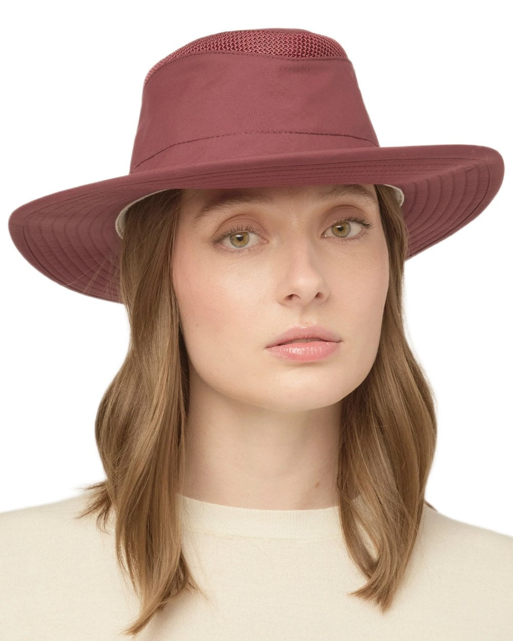 Mulberry coloured Tilley Airflo Broad Brim Sun Hat on white background