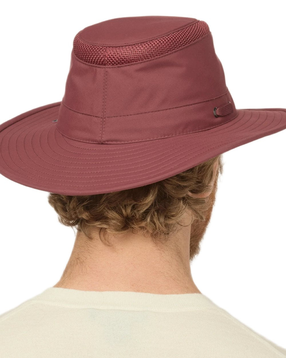 Mulberry coloured Tilley Airflo Broad Brim Sun Hat on white background