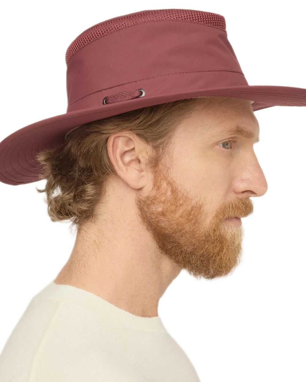 Mulberry coloured Tilley Airflo Broad Brim Sun Hat on white background
