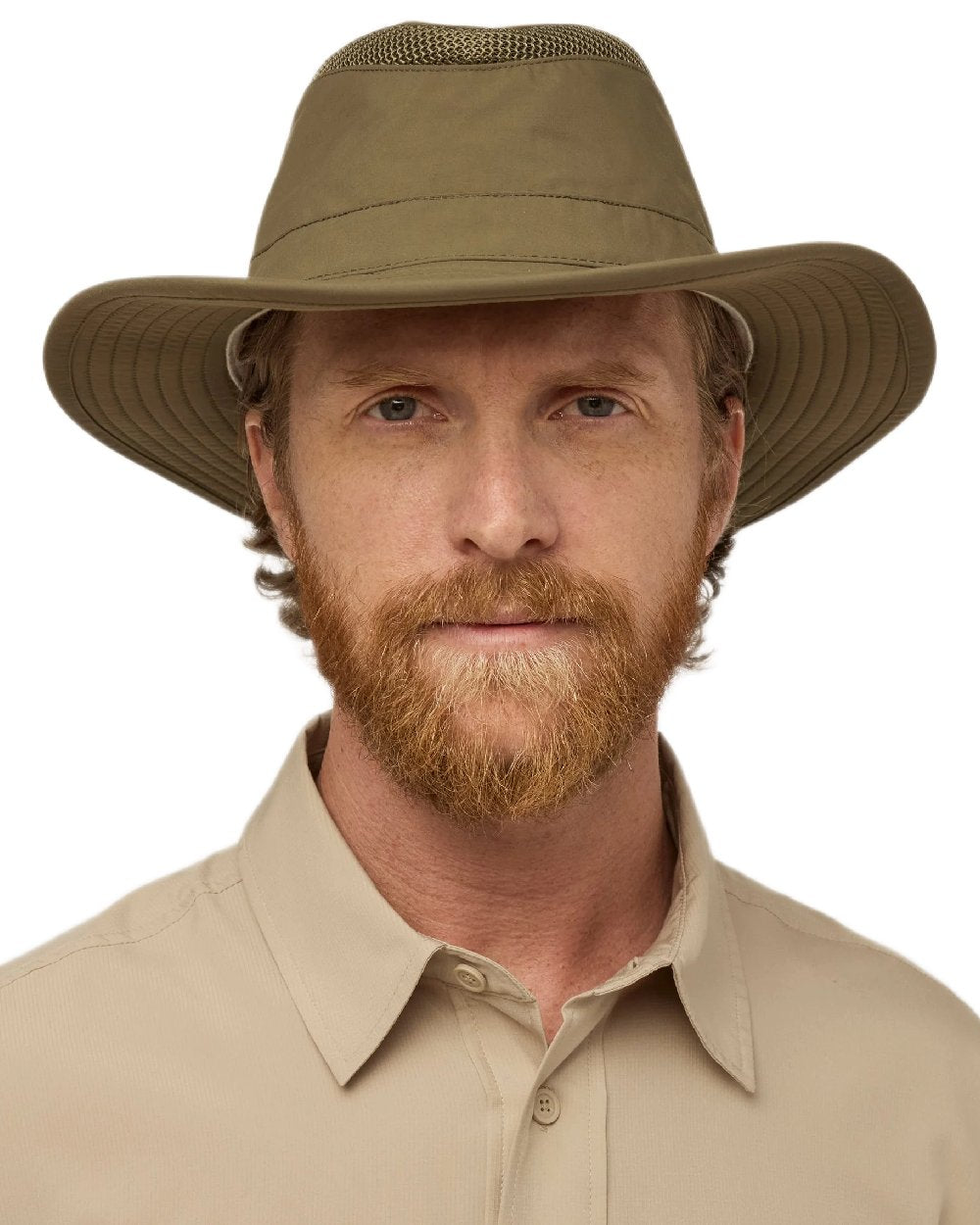 Olive Coloured Tilley Airflo Broad Brim Sun Hat on white background
