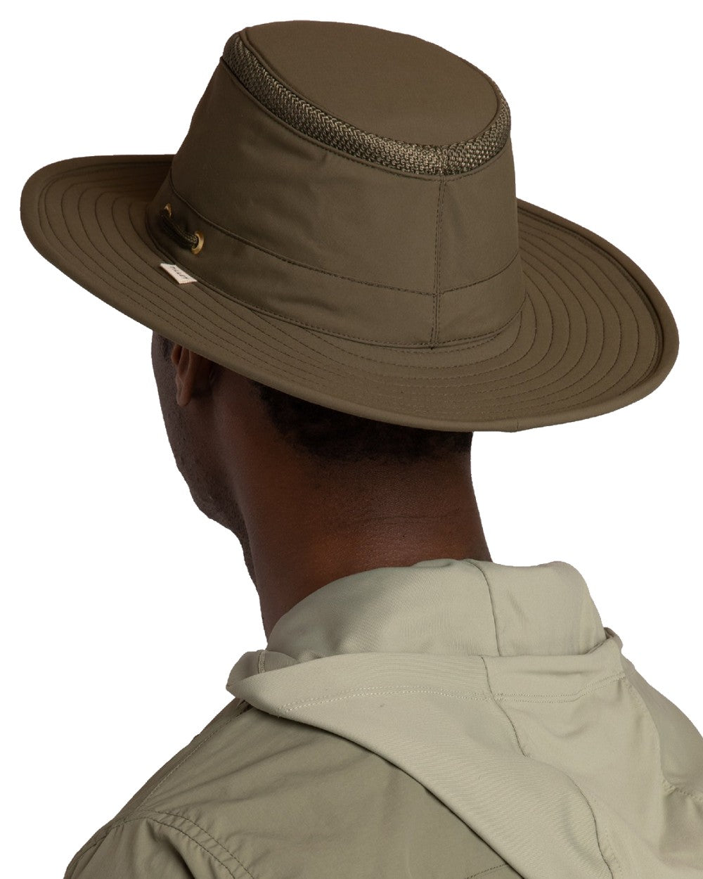 Olive coloured Tilley Hats Airflo Broad Brim Sun Hat on white background
