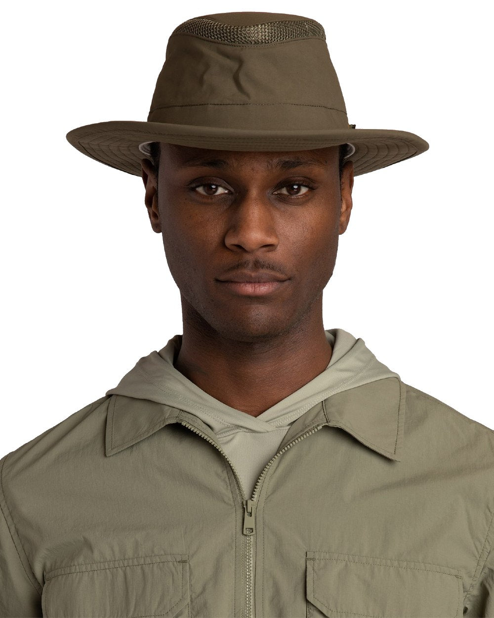 Olive coloured Tilley Hats Airflo Broad Brim Sun Hat on white background