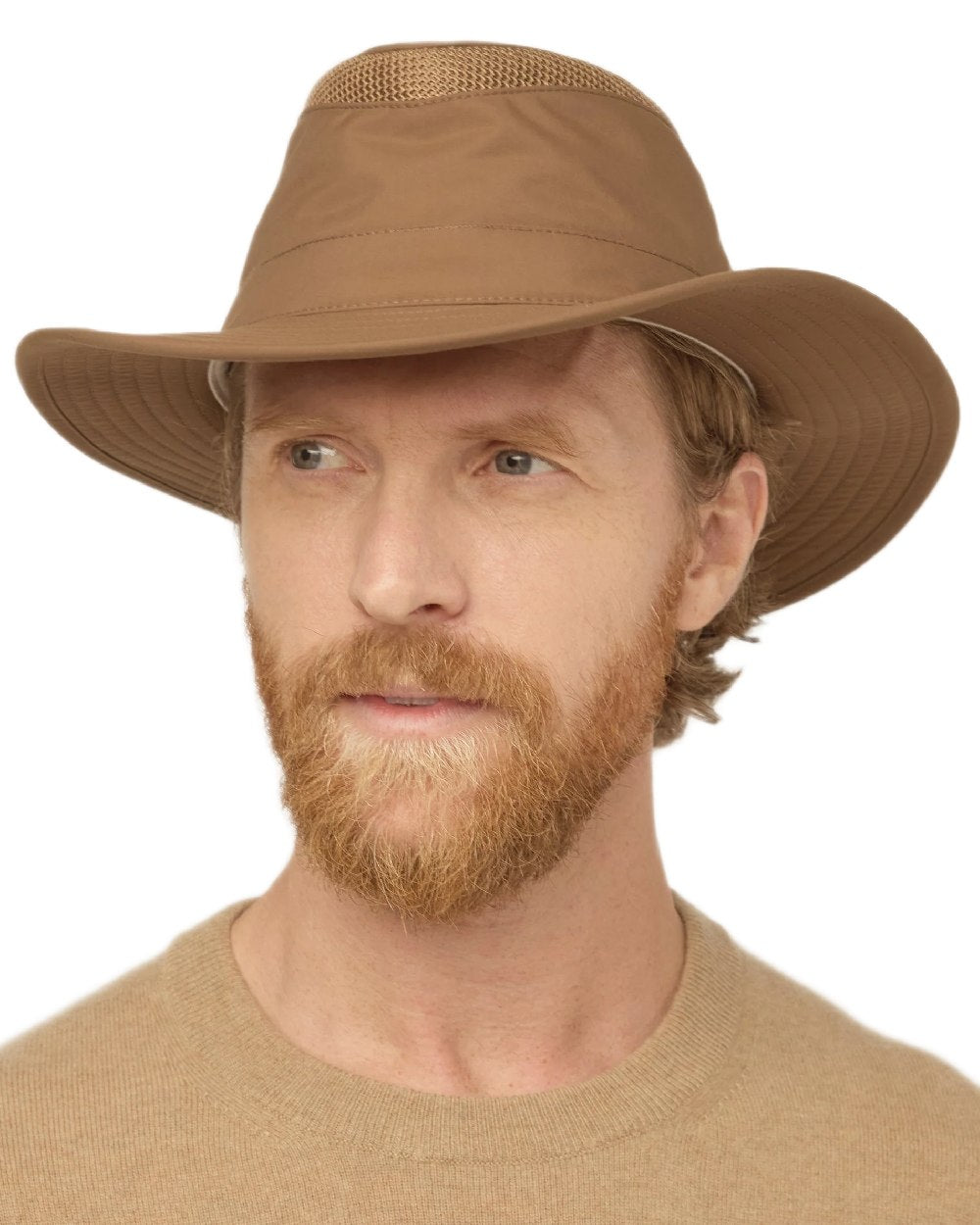 Peat coloured Tilley Airflo Broad Brim Sun Hat on white background