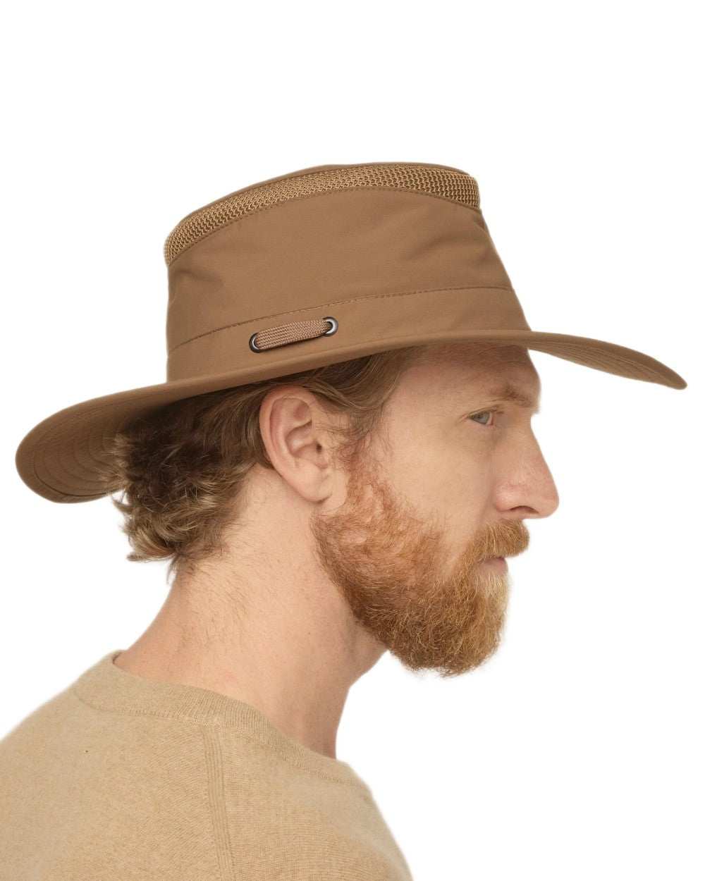 Peat coloured Tilley Airflo Broad Brim Sun Hat on white background