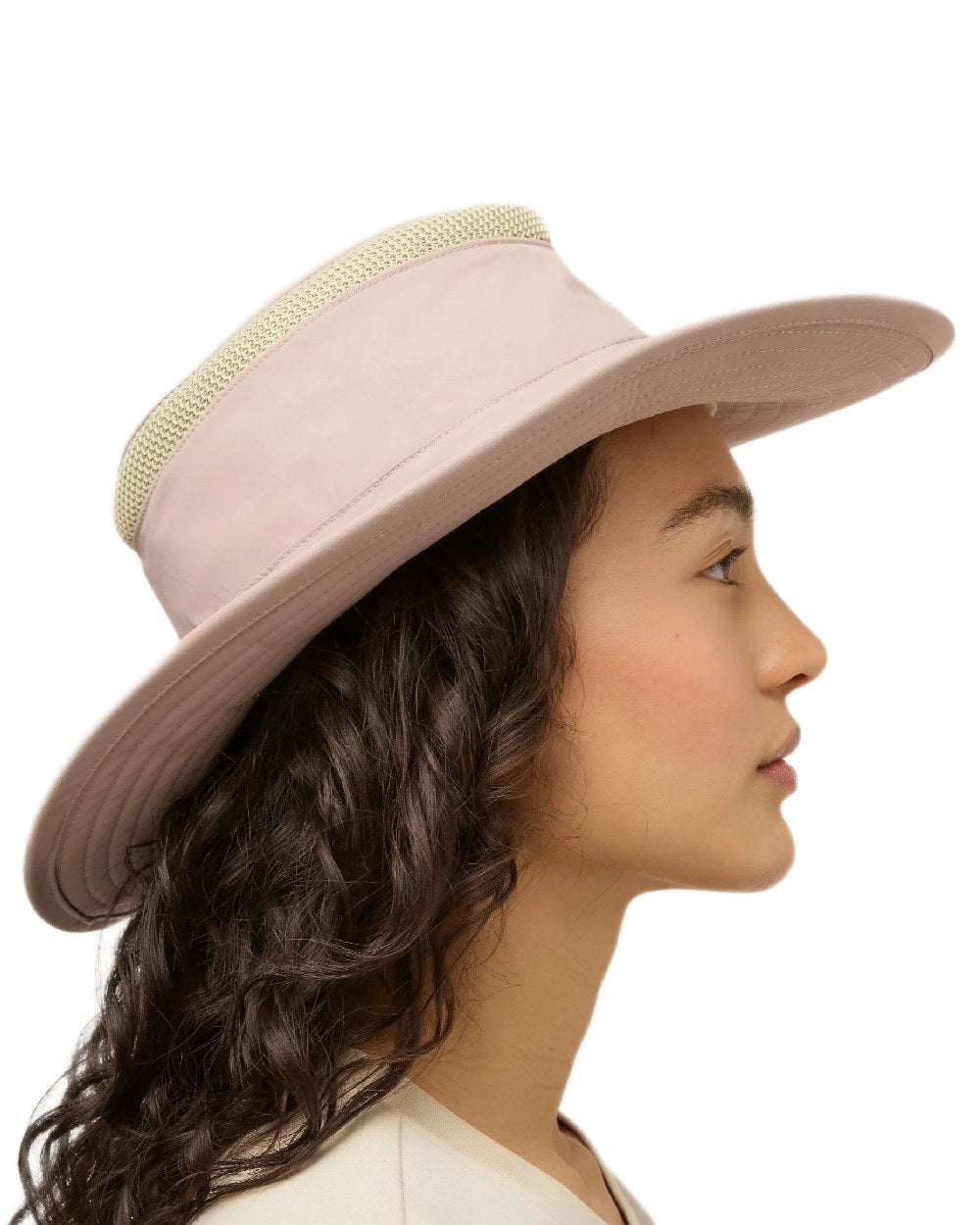 Soft Mauve Coloured Tilley Airflo Broad Brim Sun Hat on white background