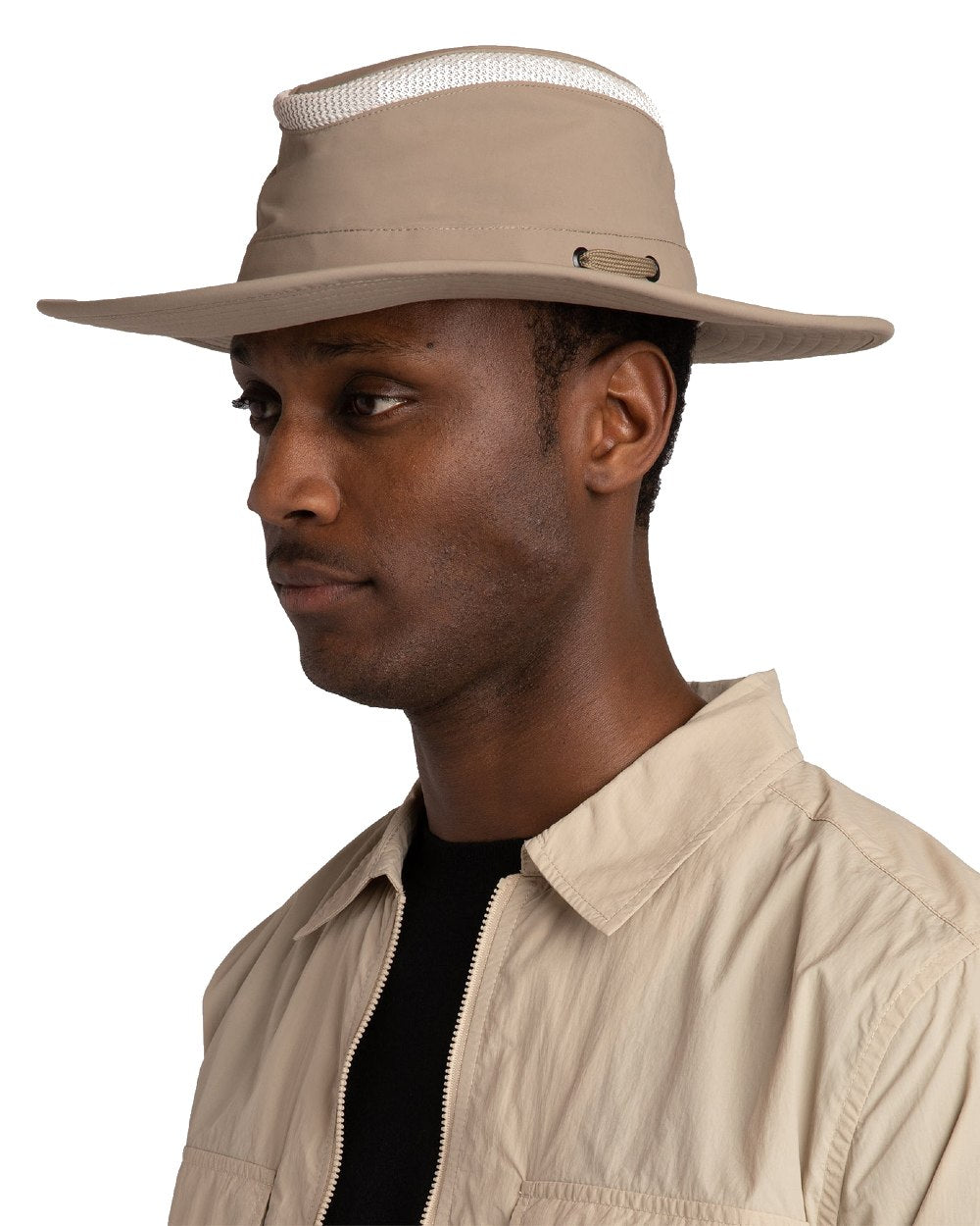 Taupe coloured Tilley Airflo Broad Brim Sun Hat on white background