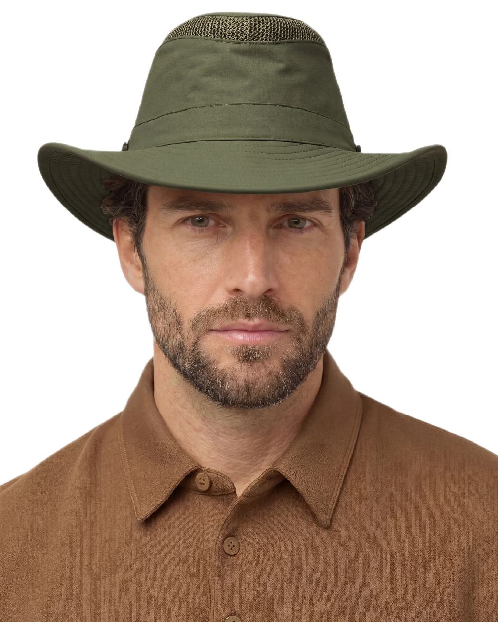 Thyme Green Coloured Tilley Airflo Broad Brim Sun Hat on white background