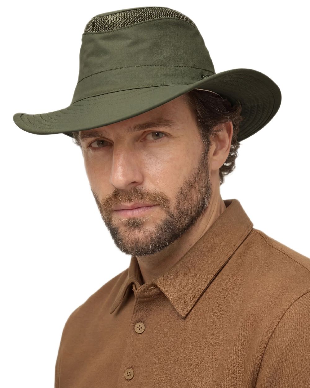 Thyme Green Coloured Tilley Airflo Broad Brim Sun Hat on white background