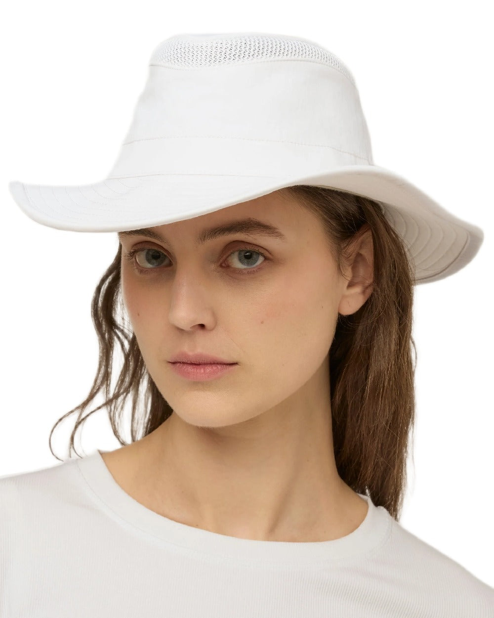 White Coloured Tilley Airflo Broad Brim Sun Hat on white background